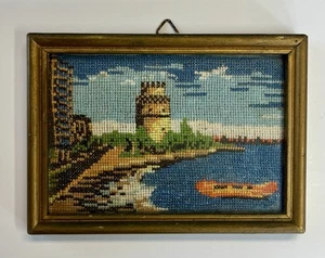 Vintage 1966 Needlepoint Paros Greek Ocean Village Scene Framed 5" Athens Art - Picture 1 of 7