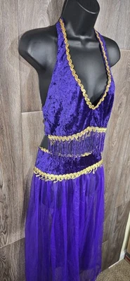 Belly Dancer Costume Women's S/M Purple Velvet Gold Trim Fringe Halter Bollywood - Image 1 of 4
