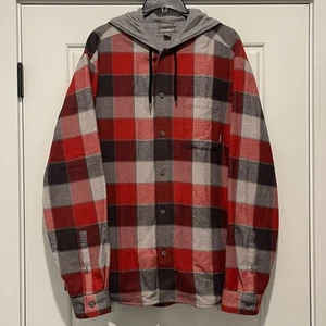 Eddie Bauer Herren gefütterte Flanelljacke mit Knopfleiste und Kapuze rot/grau kariert Gr. XL - Bild 1 von 8