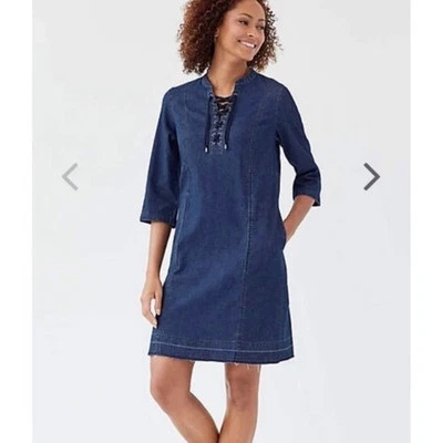 J JILL Denim Dress 3X Blue Jean Chambray Lace Up Raw Hem - Image 1 of 4