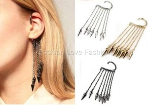 1 Piece Long Dangle Chain Ear Bone Cuff Wrap Clip On Earring Faux Pearls/Beads - Picture 1 of 9