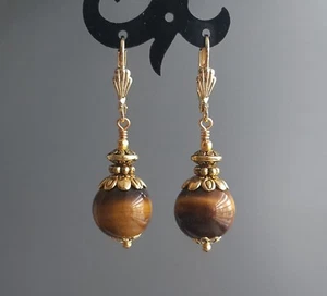 Round Tigers Eye Earrings Gold plated leverbacks cute brown gemstone jewelry - Picture 1 of 4