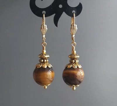 Tiger eye Earrings Round Dangles Handmade Jewelry Women Gold Plated Lever Backs - Image 1 of 4