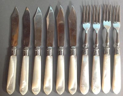 10x Perlmutt Fischbesteck antik Fischmesser Gabel 800 Silber Meistermarke HD ~20 - Bild 1 von 4