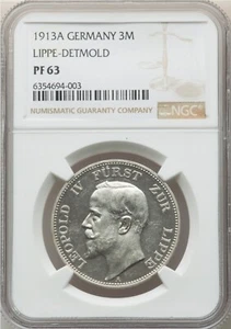 GERMANY 1913 A Lippe-Detmold Leopold IV Proof 3 Mark PR63 NGC Berlin mint, KM275 - Picture 1 of 4