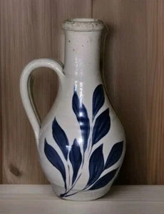 Williamsburg Pottery  8” Jug Vase Cobalt Blue Leaves Salt Glazed Handmade - Picture 1 of 12
