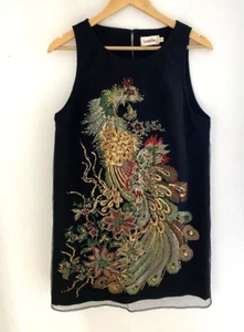 Louche shift tank dress peacock print Size L UK 14 Sparkly Black Mesh - Picture 1 of 7