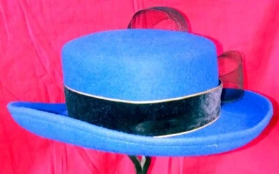 vtg Royal Blue/Black Bowler Hat Church Casual Ribbon Flower Bow Brim12" Head6.5" - Image 1 of 4