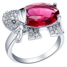 Fashion Elephant Women Red Gemstone Crystal Silver Wedding Ring Jewelry Size 7
