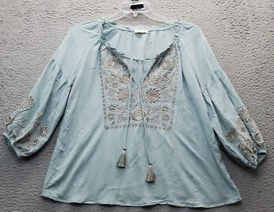 Lovestitch Blouse Top Womens Small Green Embroidery Floral Tassel Tie Front - Image 1 of 4