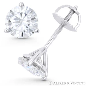 Pendientes de tachuelas retrocededores de moissanita brillante de corte redondo Forever de oro blanco de 14 K 3P - Imagen 1 de 12