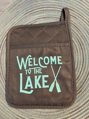 Guante de horno personalizado gris con soporte para olla HTV Image azul Foto 1 de 2