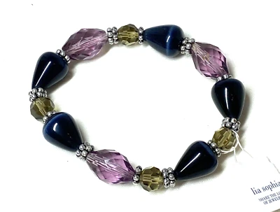 Lia София эластичной бисером браслет граненый акрил граненое стекло синий камень новый - Изображение 1 из 4