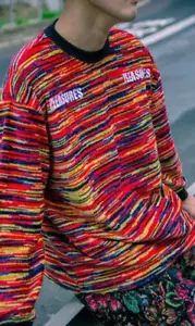 PLEASURES NOW mehrfarbiger Strickpullover Größe M Rundhals Pleasures Stickerei - Bild 1 von 16