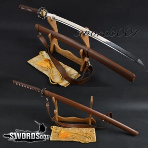 Japanese Sakura Katana Folded Steel Samurai Sword Leather Scabbard With Belt - Picture 1 of 14