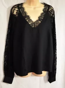 women's Romwe dressy black v neck top size X large plus with sheer lace sleeves - Picture 1 of 11