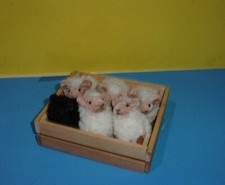 2.5" Sheep Flocked Toy Figures in Wood Crate / Hay Replica One Black Lamb