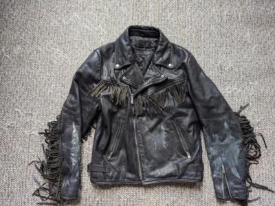vintage HARLEY DAVIDSON motorcycle jacket 42 black leather M western FRINGE mc - Image 1 of 4