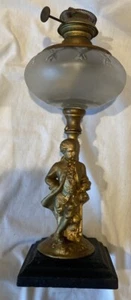 Antique Oil Lamp With Colonial Man/Boy Gold Cast Iron Base Gilded Figure Glass - Picture 1 of 16