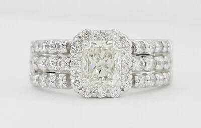 Rectangular Radiant Cut Diamond Halo Engagement Ring Set 1.8 ct 18k & 14k $10k - Image 1 of 4