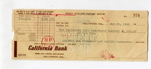 RUDY VALLEE (Drene Show - Don Ameche TV) 1945 AUTOGRAPH (signed check) Hollywood Cover