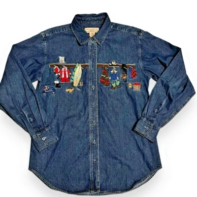 Vintage Telluride Clothing Co Denim Shirt Christmas Embroidery Santa Clothes SZ6 - Image 1 of 4