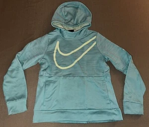 Nike Girls M Medium Dri-fit Hoodie Blue Green Logo Swoosh Mesh Hood Front Pocket - Picture 1 of 9