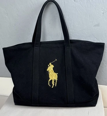 Bolso de Viaje Ralph Lauren Lona Big Pony Dorado Bordado 100% Algodón Negro Foto 1 de 4