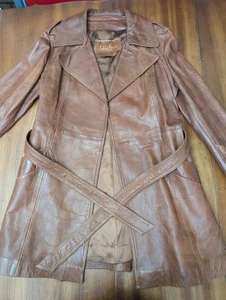 Vintage Skin Gear geschmeidige Lederjacke Trenchcoat 10 cognac Gürtel 70er gefüttert Kerbe - Bild 1 von 16
