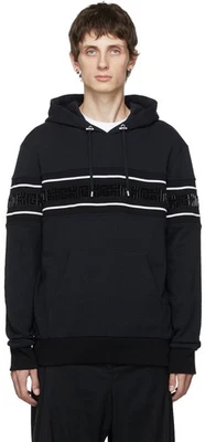 Balmain Flocked Monogram-Stripe Hoodie Dark Blue Pullover Men's Size S - Image 1 of 4