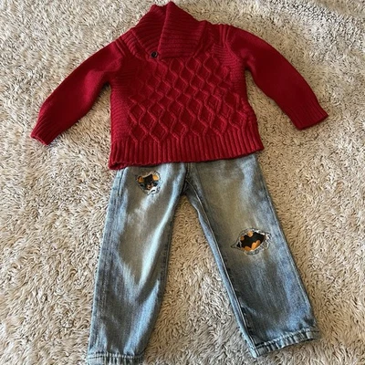 Bebé Niño Gato Jack Rojo Tejido por Cable Suéter y Bebé Gap DC Comics Jeans Talla 3/3T Foto 1 de 4