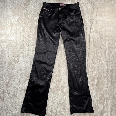 Брюки жевательная резинка женские маленькие черные с принтом зебра расклешенные атласные блестящие Y2K 2000-е США - Изображение 1 из 4