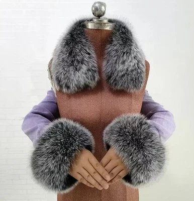 Juego de puños de cuello de piel de zorro real, calentador de cuello de piel natural 55 cm bufanda calentador de brazo conjunto Foto 1 de 4