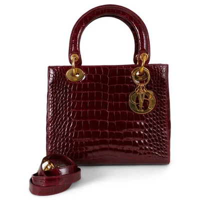 72578 auth CHRISTIAN DIOR burgundy shiny CROC LADY DIOR MEDIUM Tote Bag - Image 1 of 4