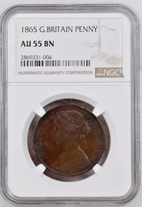 1865 Penny GB NGC AU55 BN. Bonus: Die Break Thru "5". #34 - Picture 1 of 9
