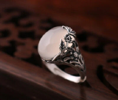 T08 Anello Fiori Rampicanti Floreali Calcedonio Bianco 990 Argento Fine - Immagine 1 di 3