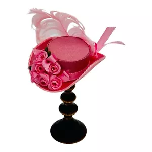 Artisan Dollhouse Miniature Hat Wooden Stand Pink Roses Feather By Nancy Manders - Picture 1 of 13