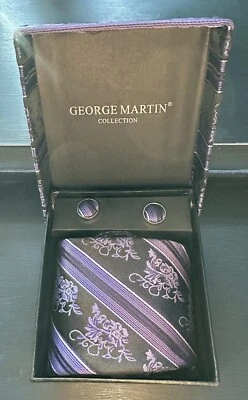 George Martin Purple Black Tie, Pocket Square, & Cuff links Set Matching Box NIB - Image 1 of 4
