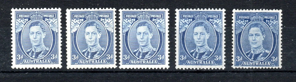 Australia 1937-38 3d x 4 varieties and 1940 3d SG 168, 168, 168c 168a, 186  MLH - Image 1 of 1