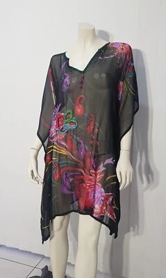 Boho GREEN TAMB OURINE Sheer Beaded Kaftan Midi Dress O/S - image 1 of 4