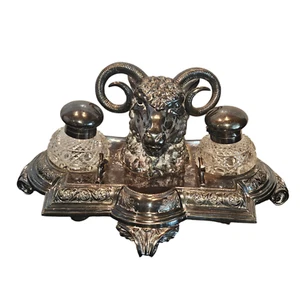Incredible 19th c Silverplate English Rams Head Inkwell W Crystal Inserts - Picture 1 of 13