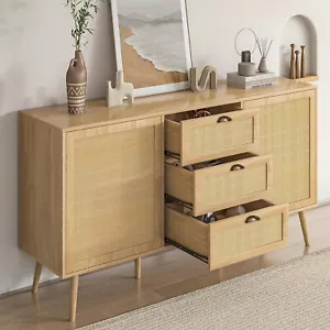 Sideboard Buffets Cabinet 3 Drawer Rattan Storage Cabinet with 2 Door Cabinet - Picture 1 of 7