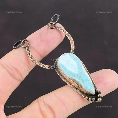Mujer Día Venta Pera Garganta Chakra Natural Larimar Cobre Bisel Cumpleaños Colgante Foto 1 de 4