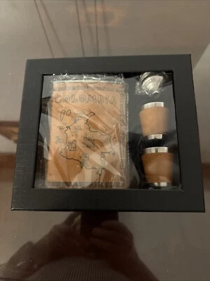 New In Box Leather Map And Stainless Hip Flask With 2 Small Glasses And Funnel  - Image 1 of 4