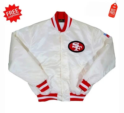 Chaqueta universitaria de béisbol estilo bombardero satinado blanco vintage años 80 SF 49ers para hombre Foto 1 de 4