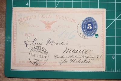 Tarjeta Postal Azul México 5c 1892 Querétaro a Ciudad de México Uso Comercial Foto 1 de 4