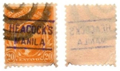 Estampilla postal Filipinas 20c estampada a mano HEACOCK'S MANILA usada con bisagras Foto 1 de 4