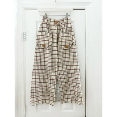 Nicholas Mujer Rojo Crema Relajado Mezcla de Lino Carga Cuadros Falda Midi 2 Foto 1 de 4