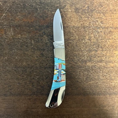 Navaja de Bolsillo Plegable Nativo Americano Suroeste Estilo Navajo Turquesa Incrustación M3 Foto 1 de 4