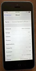 Apple iPhone 5c 16GB Blu (US Cellular) A1456 Buono Usato 457 Canzoni 8.1.3 IOS Raro - Foto 1 di 4